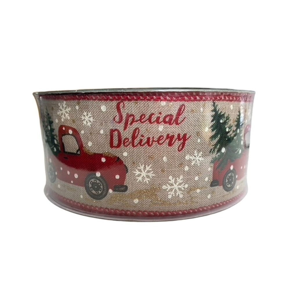 Red Truck Christmas Tree Presents 2.5 inch x 50 Yards, Premium Wired Ribbon New!